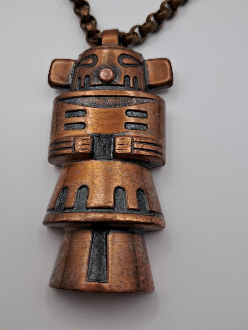 ​Vtg Solid Copper Aztec Mayan Inca Totem Pendant Necklace Brutalist Mid Century